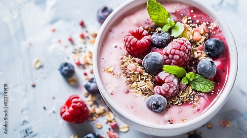 Close up of healthy yogurt and fruit smoothie bowl decorated with raspberry blueberry and puffed quinoa grain : Generative AI photo