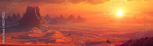 Sunset over a desert landscape with a lone person walking. Banner