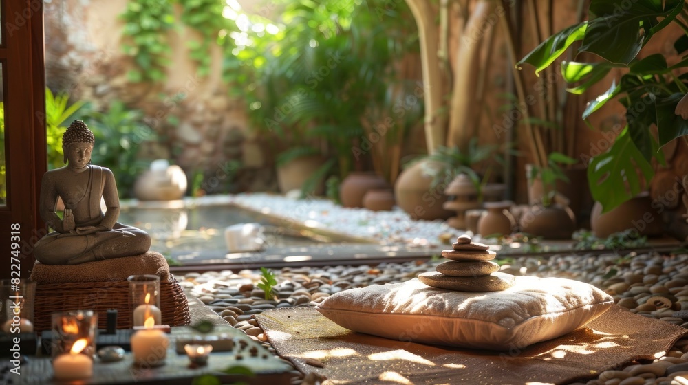 Beautiful relaxation site for meditation or spa, with lit candles and stones with day towels in high resolution and high quality. spa concept, meditate Beautiful relaxation site for meditation or spa, with lit candles and stones with day towels in high resolution and high quality. spa concept, meditate