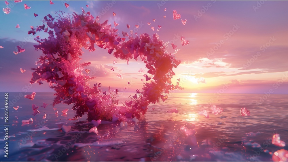 a large heart-shaped formation composed of pink coral or flowers, with the center open to a sunset or sunrise a large heart-shaped formation composed of pink coral or flowers, with the center open to a sunset or sunrise