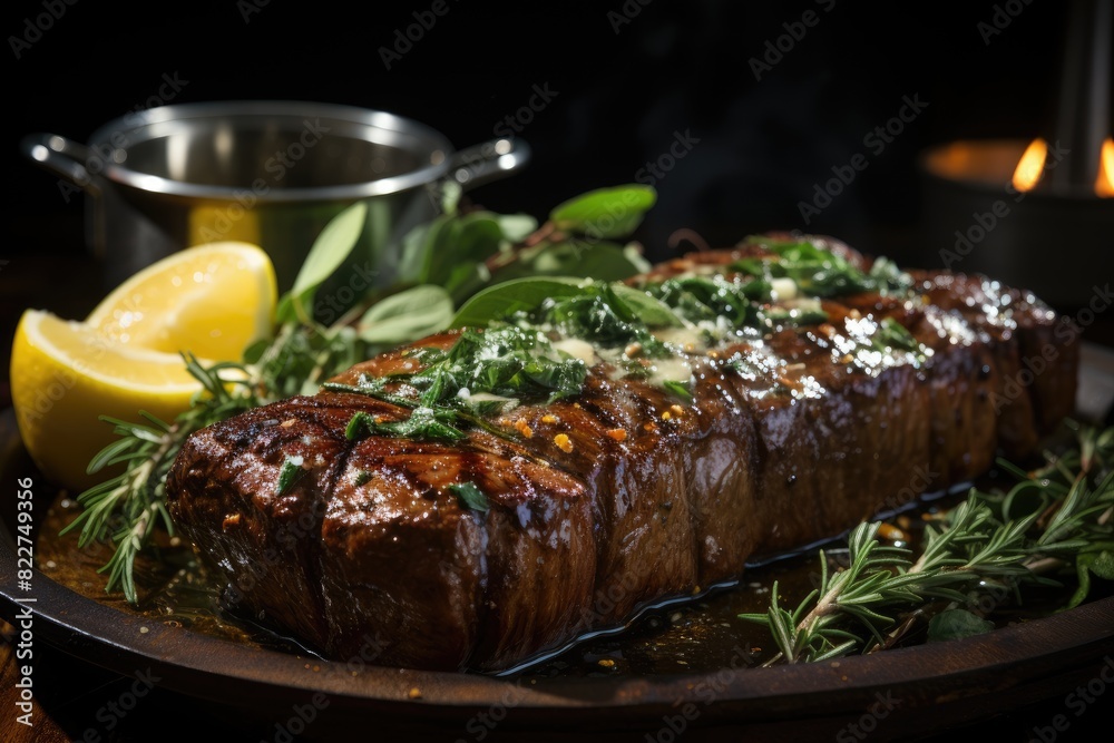 Filet mignon with sage sauce and fresh leaves., generative IA Filet mignon with sage sauce and fresh leaves., generative IA