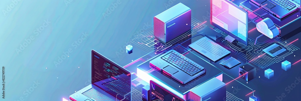 © Анатолий Сав - A group of laptops sitting on top of each other in a neat stack. Isometric icon of computers, perfect for tech-related designs. Generative AI