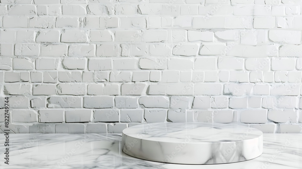 Fototapeta premium Empty marble podium on bathroom table before white brick wall : Generative AI