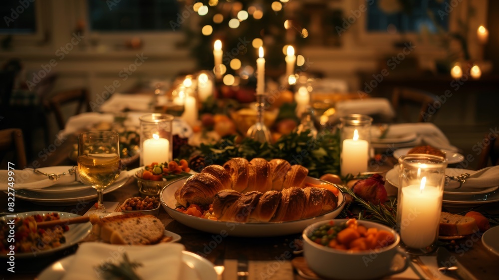 A table is set for a large family dinner with many dishes and candles A table is set for a large family dinner with many dishes and candles
