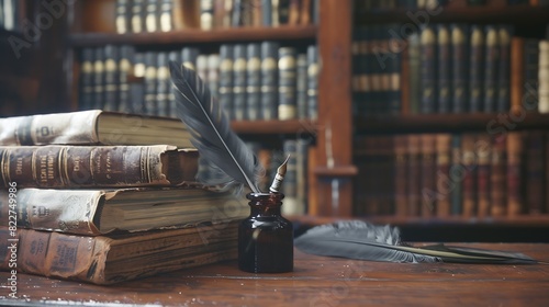 Old books quill pen and vintage inkwell on wooden desk in old library Ancient books historical background Retro style Conceptual background on history education literature topics : Generative AI photo
