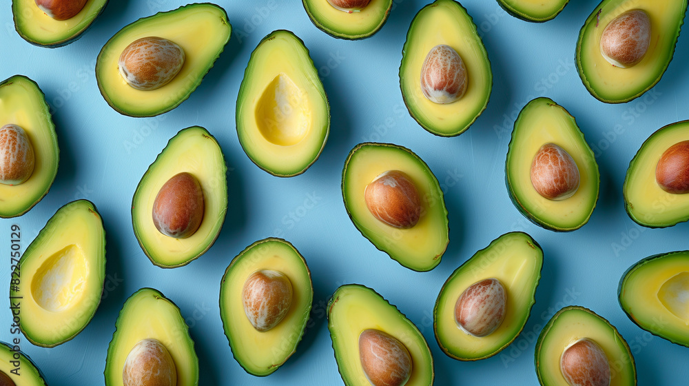 Artistic Flat Lay of Fresh Ripe Avocados on Pastel Blue Background, Symbolizing Simplicity and Diversity in Modern Photography Artistic Flat Lay of Fresh Ripe Avocados on Pastel Blue Background, Symbolizing Simplicity and Diversity in Modern Photography
