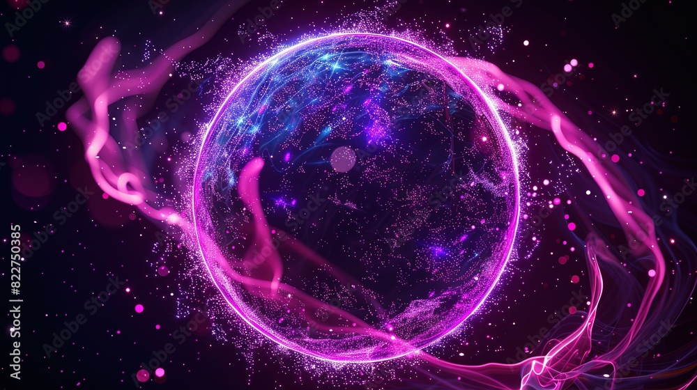 Neon Energy Sphere with Purple and Pink Flames: Abstract Particles and Waves