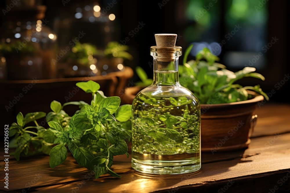 Mint oil bottles and fresh leaves in aromatic scene., generative IA Mint oil bottles and fresh leaves in aromatic scene., generative IA