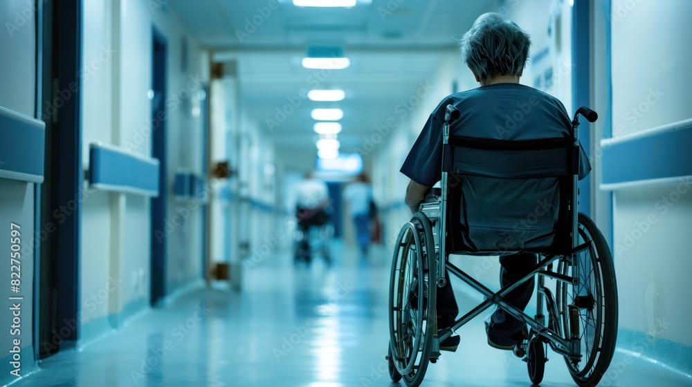View from behind of a man sitting in a wheelchair in a hospital hallway. View from behind of a man sitting in a wheelchair in a hospital hallway.