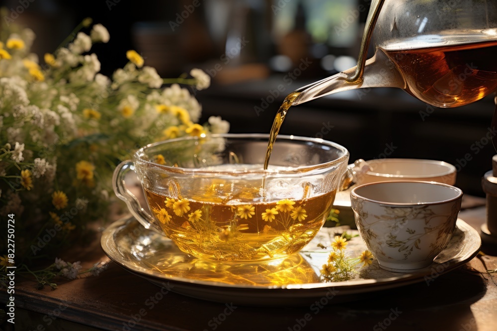 Chamomile infusion in porcelain cup., generative IA Chamomile infusion in porcelain cup., generative IA