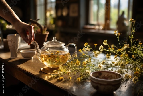 Wallpaper Mural Chamomile infusion in porcelain cup., generative IA Torontodigital.ca