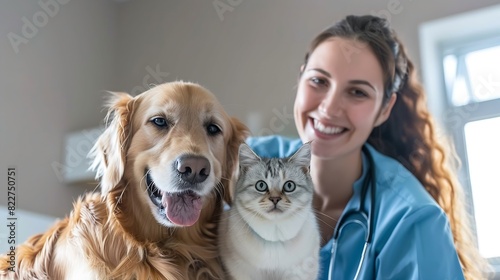 Wallpaper Mural Smiling vet with golden retriever dog and fluffy cat in veterinarian clinic : Generative AI Torontodigital.ca