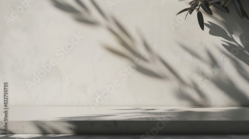 Background White Wall Studio with  Shadow Leaves light Cement floor Surface Texture BackgroundEmpty Kitchen Room with Podium DisplayTop Shelf BarBackdrop Concrete backgroundCosmetic Pr : Generative AI