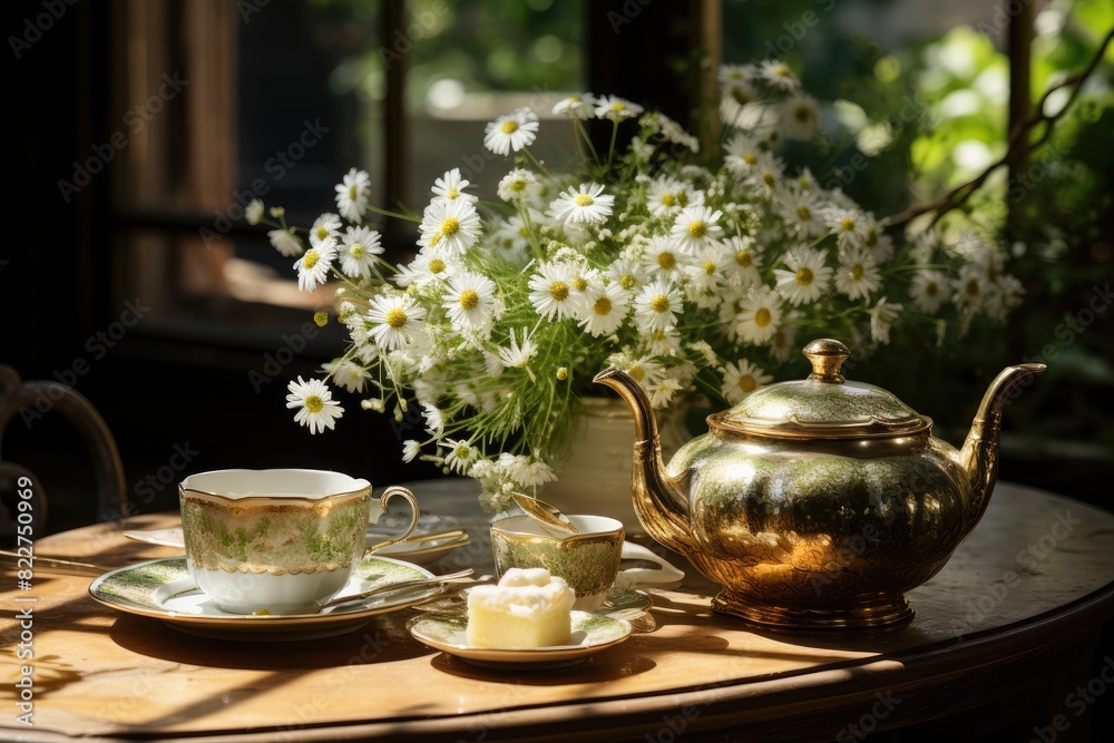 Quiet tea ceremony with chamomile., generative IA Quiet tea ceremony with chamomile., generative IA