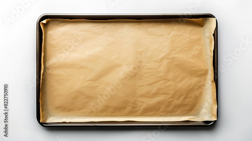 Baking sheet with brown parchment paper isolated on a white background Empty oven tray for baking and roasting Rectangular baking pan for food design Nonstick kitchen utensils Top view : Generative AI