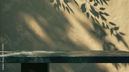 Empty table and darkgreen wall Table with sun reflections and leaves shadows on beige wall Background with bokeh for product presentationMock up for presentation branding products cosm : Generative AI