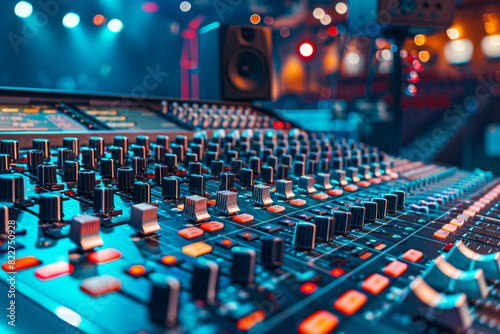 The sound console and control panel in the recording studio with equipment for music production, video shooting or film making on a blurred background photo