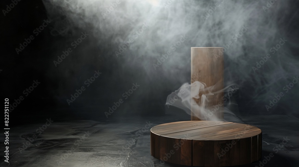 The empty wooden cylinder shape of product display Podium Stand for showing or design blank backdrop dark abstract wall with smoke float up Platform illuminated by spotlights : Generative AI