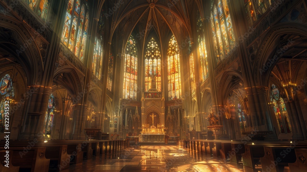 A large church with stained glass windows and a high altar A large church with stained glass windows and a high altar