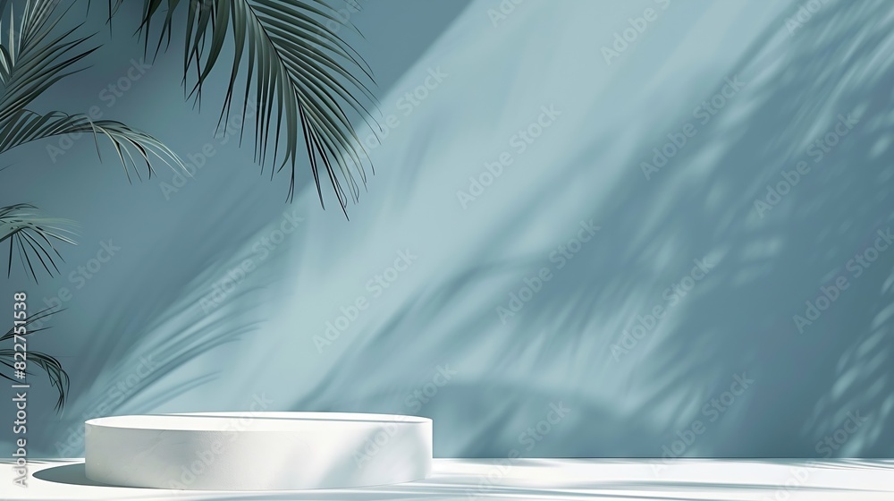 Minimal abstract bluewhite background for the presentation of a cosmetic product Premium podium with a shadow of tropical palm leaves on a blue wall and white table Showcase display ca : Generative AI Minimal abstract bluewhite background for the presentation of a cosmetic product Premium podium with a shadow of tropical palm leaves on a blue wall and white table Showcase display ca : Generative AI