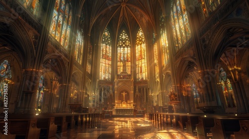 A large church with stained glass windows and a high altar