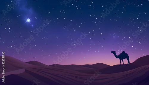 A camel in the desert at night with stars in the sky, representing the Ramadan concept and spirituality.