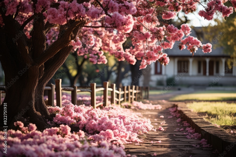Cherry in residential garden with pink flowers., generative IA