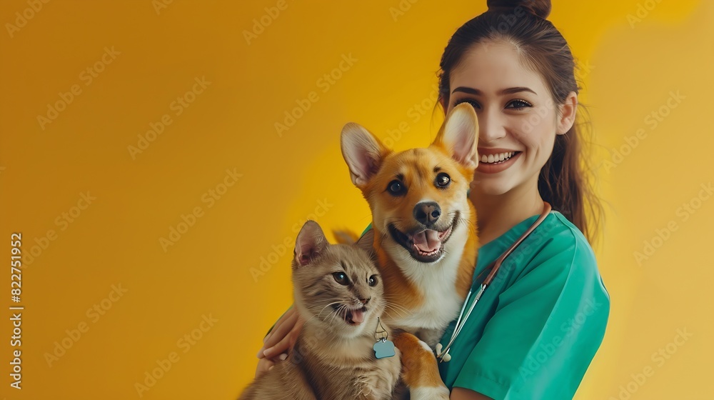 Cheerful women veterinary holding a yellow cat and dog Veterinary Concept : Generative AI Cheerful women veterinary holding a yellow cat and dog Veterinary Concept : Generative AI