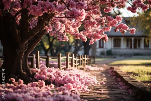 Obraz na płótnie Cherry in residential garden with pink flowers., generative IA w salonie