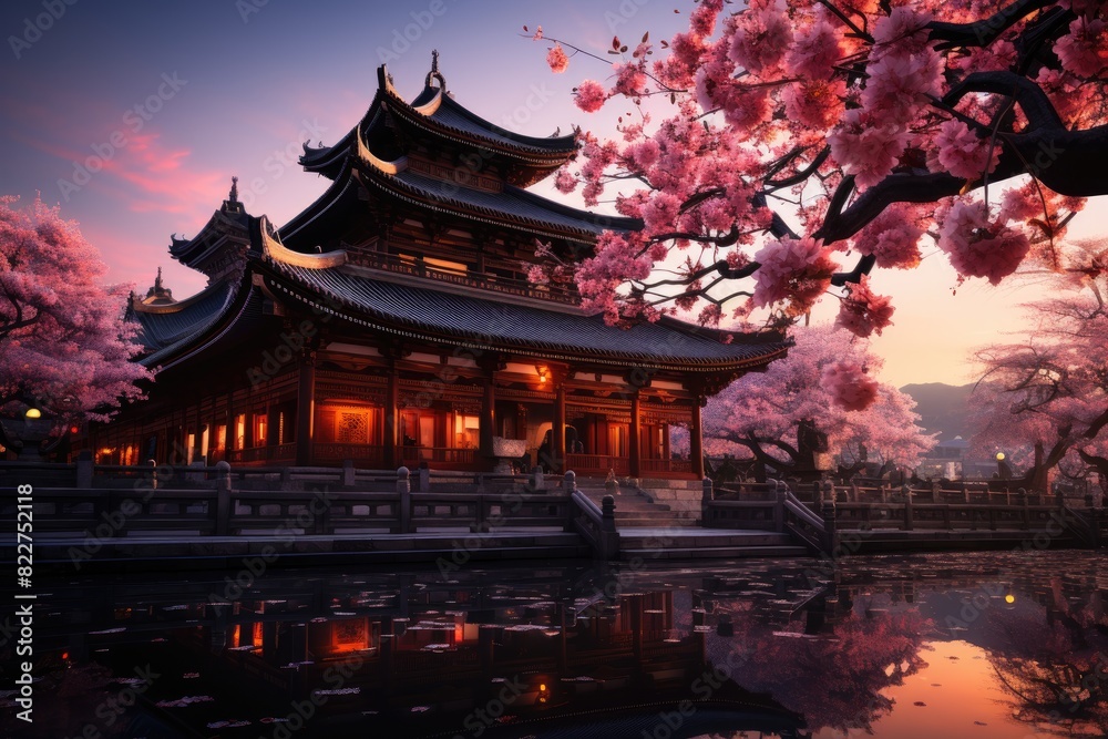 Cherry flower in the Buddhist temple., generative IA Cherry flower in the Buddhist temple., generative IA