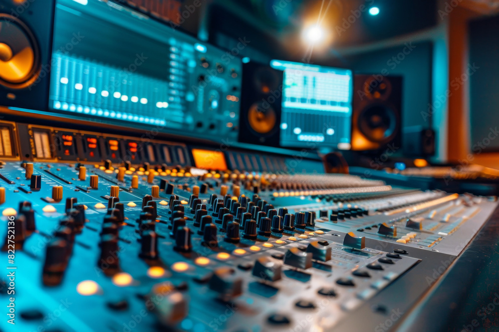 Modern recording studio with professional audio equipment, mixing console and video display screen in the background, blurred human desk decor