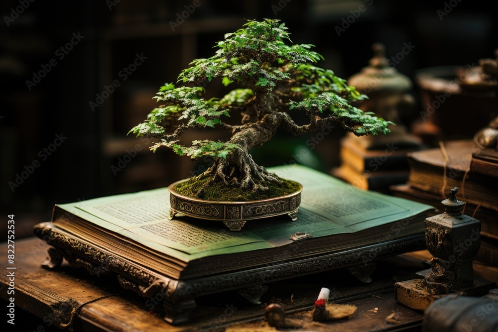 Bonsai in an old book natural and ancestral harmony., generative IA