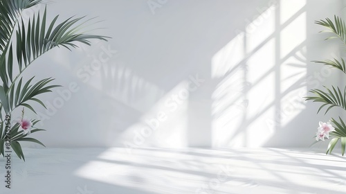 Abstract white studio background for product presentation Empty room with shadows of window and flowers and palm leaves  3d room with copy space Summer concert Blurred backdrop   Generative AI