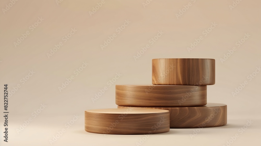 Wood podium wooden pieces on beige background for cosmetic product mockup : Generative AI Wood podium wooden pieces on beige background for cosmetic product mockup : Generative AI