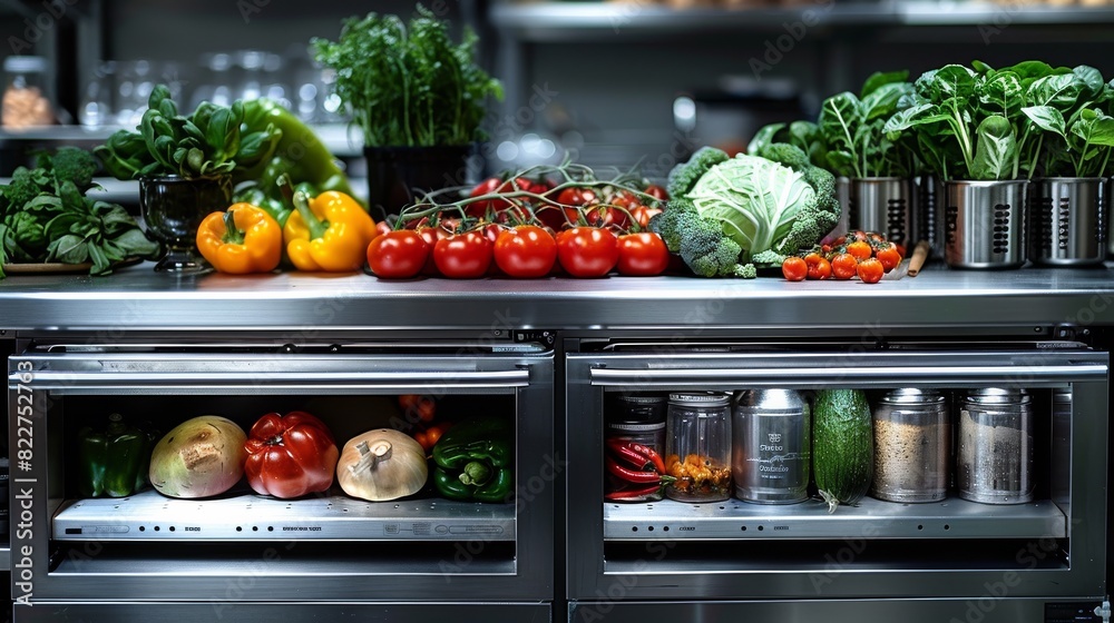 A kitchen counter with a variety of vegetables and fruits, including tomatoes A kitchen counter with a variety of vegetables and fruits, including tomatoes