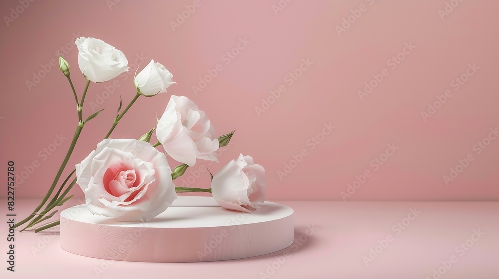 Composition with plaster podium and beautiful eustoma flowers on pink background : Generative AI Composition with plaster podium and beautiful eustoma flowers on pink background : Generative AI