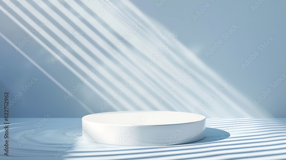 Abstract empty white podium with geometric shadows on blue background Mock up stand for product presentation 3D Render Minimal concept Advertising template : Generative AI Abstract empty white podium with geometric shadows on blue background Mock up stand for product presentation 3D Render Minimal concept Advertising template : Generative AI