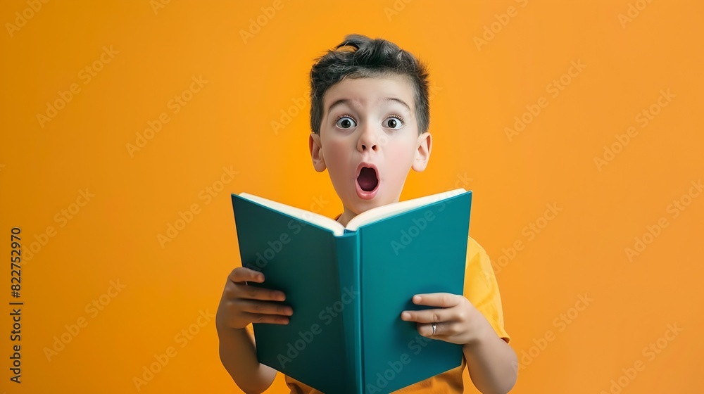 Adventure story Surprised little boy with shocked expression reading book story isolated over colorful background Concept of education childhood imagination artwork inspiration and ad : Generative AI Adventure story Surprised little boy with shocked expression reading book story isolated over colorful background Concept of education childhood imagination artwork inspiration and ad : Generative AI