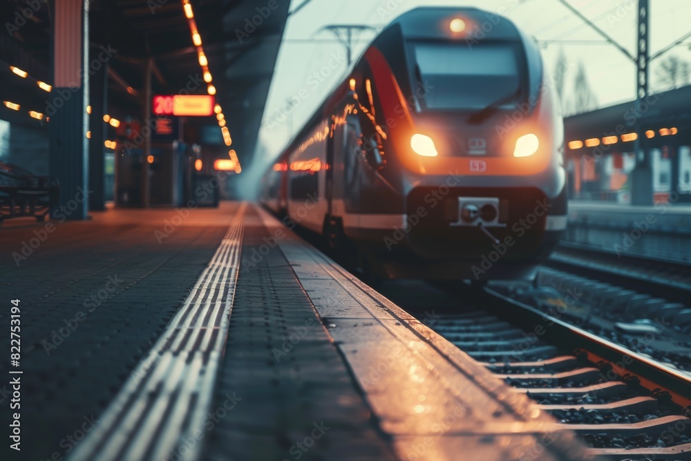 Naklejka premium Train arriving at a rail station at dusk