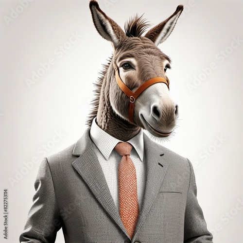 A donkey dressed in a suit and tie is displaying a happy expression