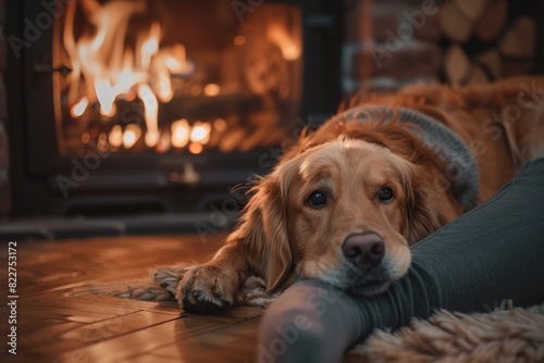 A cozy scene from a dog s perspective  lying by a warm fireplace and looking up at its human