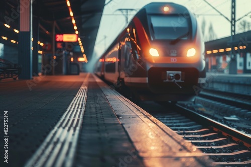 Train arriving at a rail station at dusk