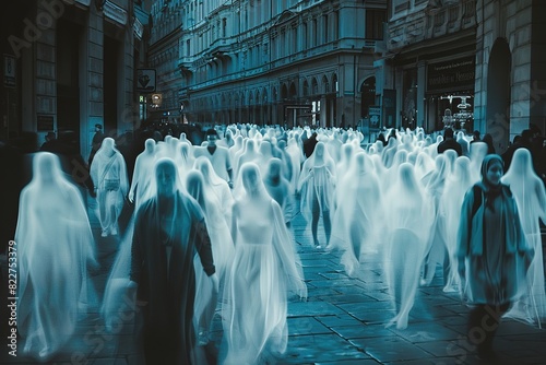 A crowded street scene with identical ghostly figures of a single person repeated throughout photo