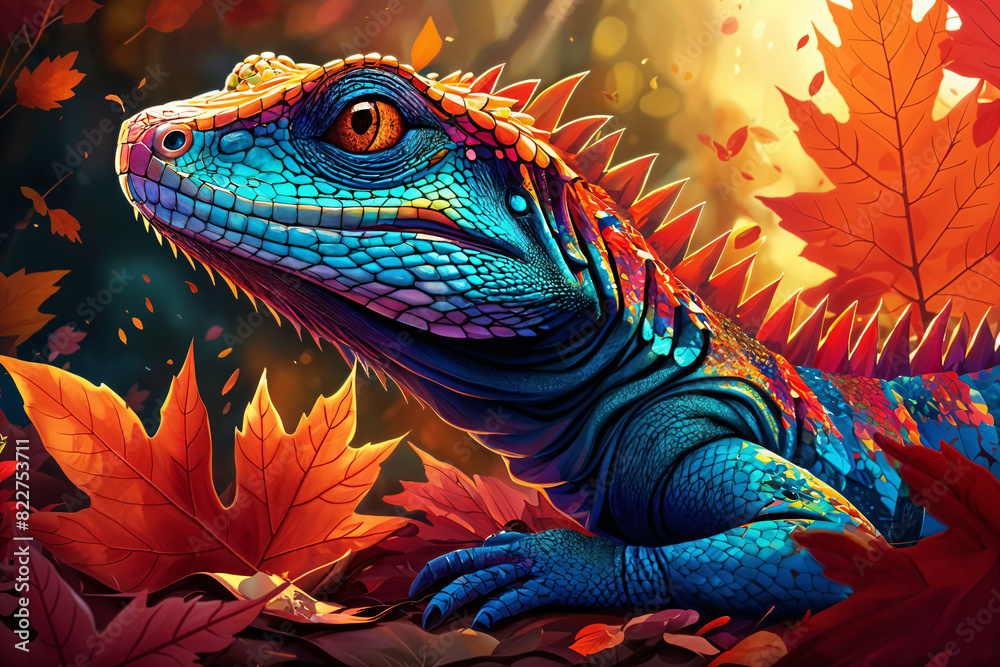 Obraz premium A vibrant, colorful illustration of a blue lizard with red and orange leaves around it, set against a backdrop of autumn foliage.