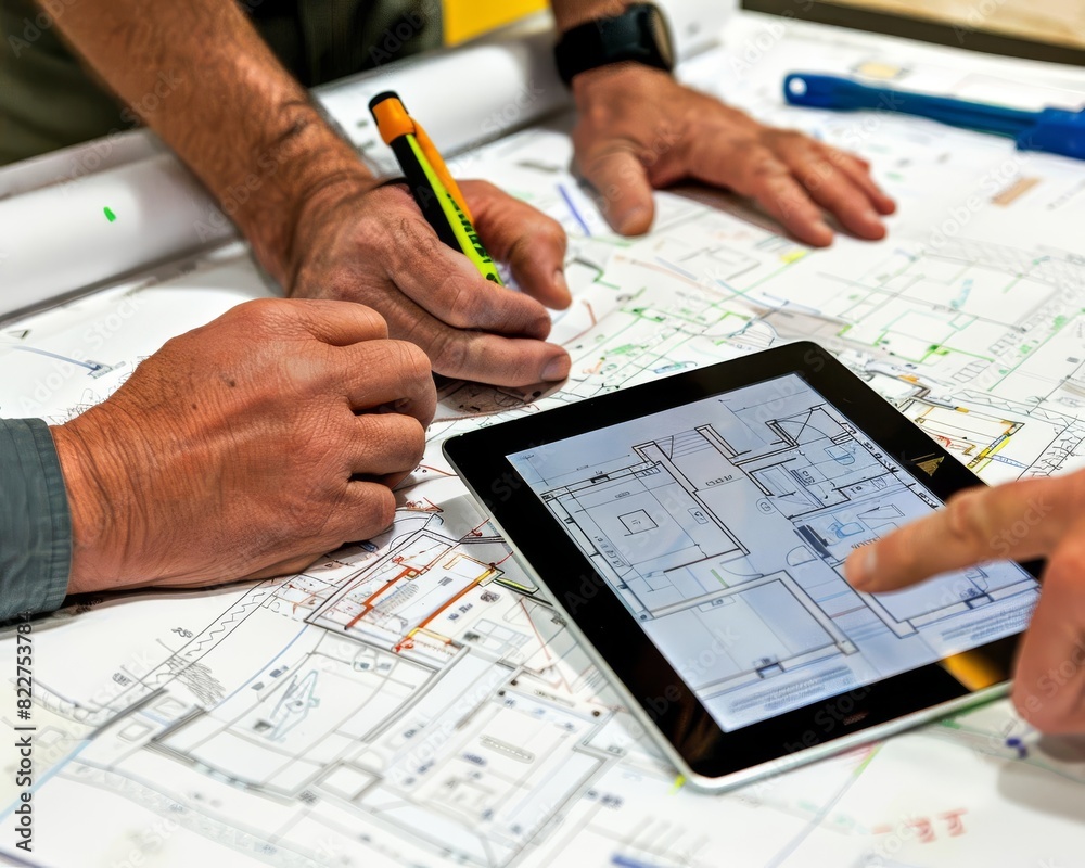Architects discussing work for a community center redesign, blueprints and digital tablets in use. Architects discussing work for a community center redesign, blueprints and digital tablets in use.