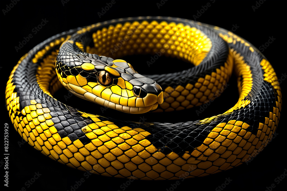 Obraz premium A yellow and black snake coiled around itself, with its head resting on the tail.