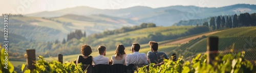 Business team taking a break in a scenic vineyard abroad, rolling hills in the background, right side copy space for a wine tour guide