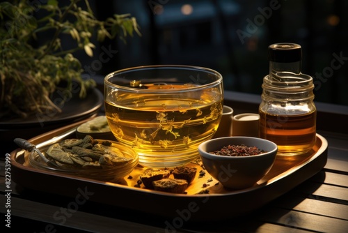 A cup of hot honey and sour green tea with spices on the wood bottom, generative IA
