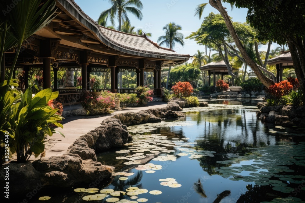 Palmeiras in Japanese Garden, exotic serenity., generative IA Palmeiras in Japanese Garden, exotic serenity., generative IA