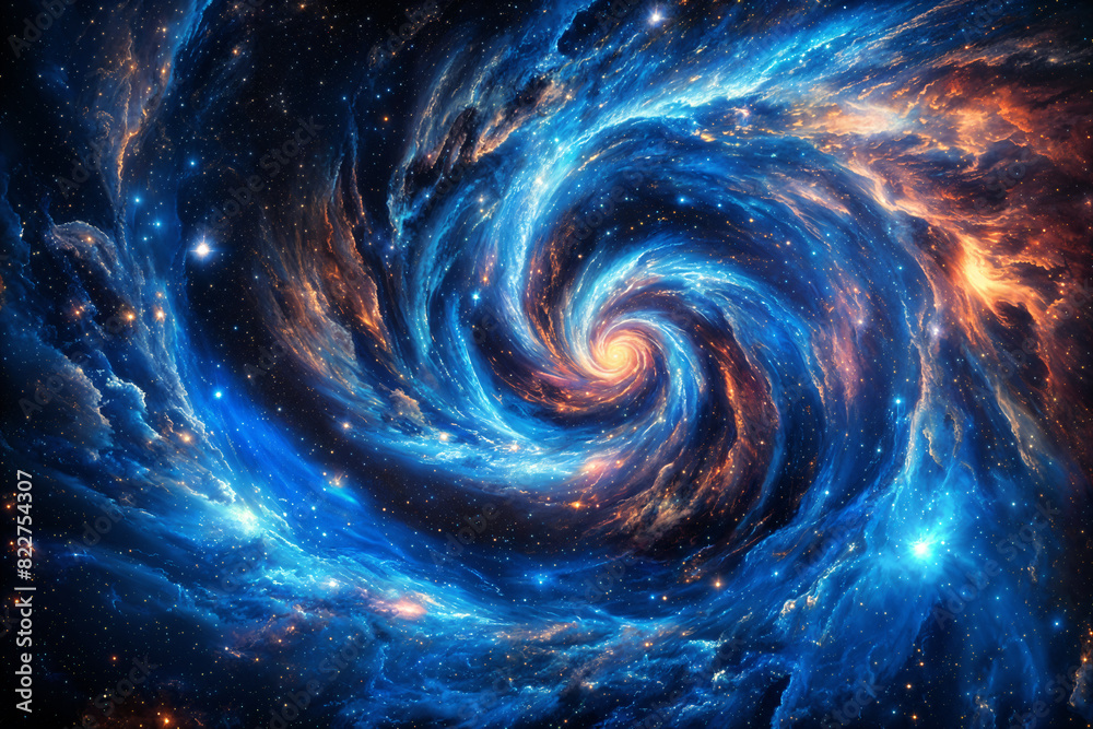 A vibrant, swirling galaxy with stars and nebulae, set against the backdrop of space.